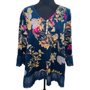 O-necue Navy Floral Print 100% Tunic Lace  XL Boho Cottage Core Sustainable